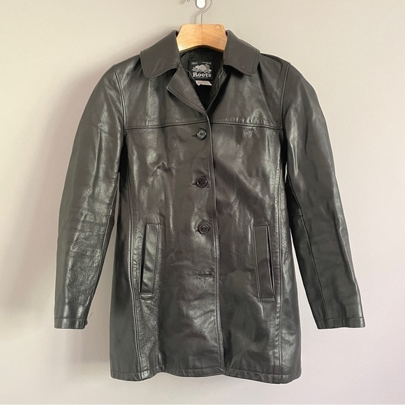 Vintage 90s Y2K Roots Black 100% Leather Straight Cut Mid Length Car Coat - 6/S - Picture 12 of 14